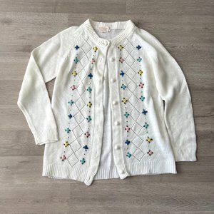 BEAUTIFUL Womens Vintage Fully Fashioned Cardigan Sweater Flower Embroidered Vtg